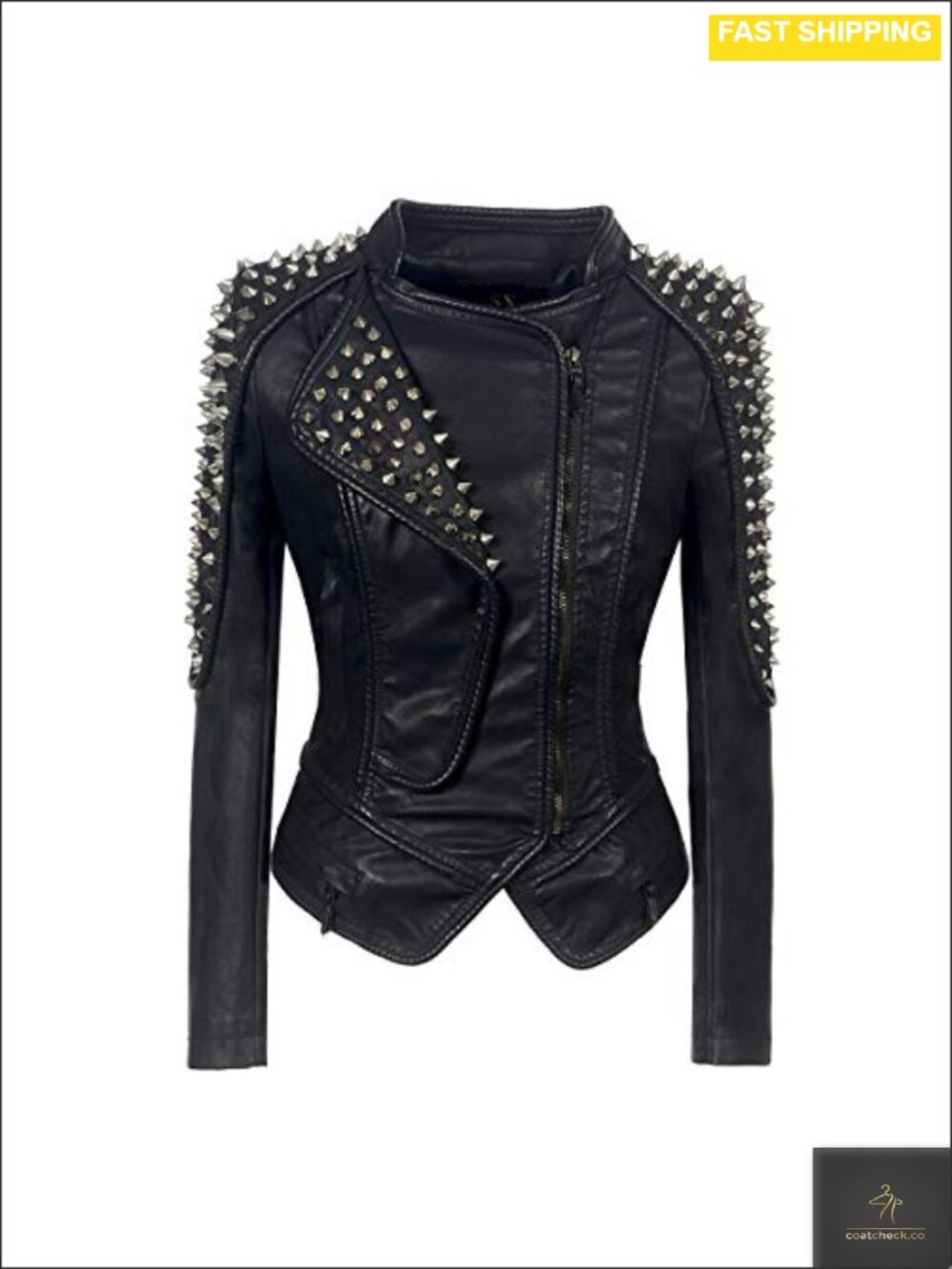 Punk Rivet Faux Leather Motorcycle Jacket Asymmetric Zip Studded Biker Coat